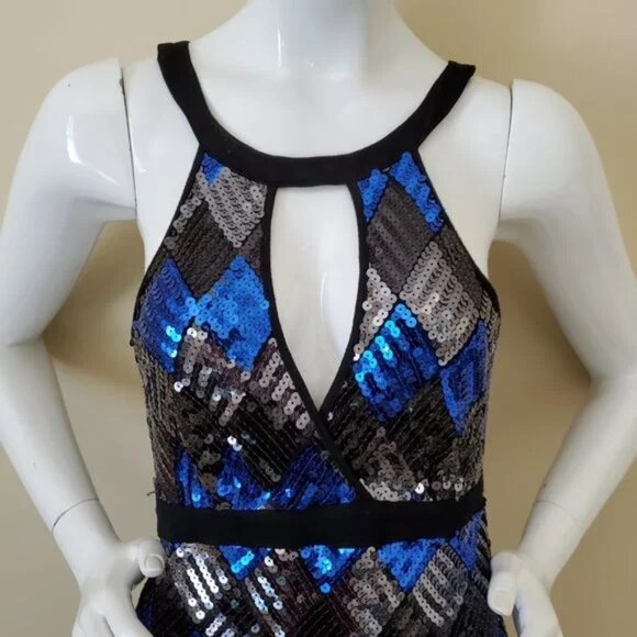 2B Bebe Black/Blue/Silver Sequin Sleeveless Cocktail Mini Dress SZ M - Picture 6 of 7
